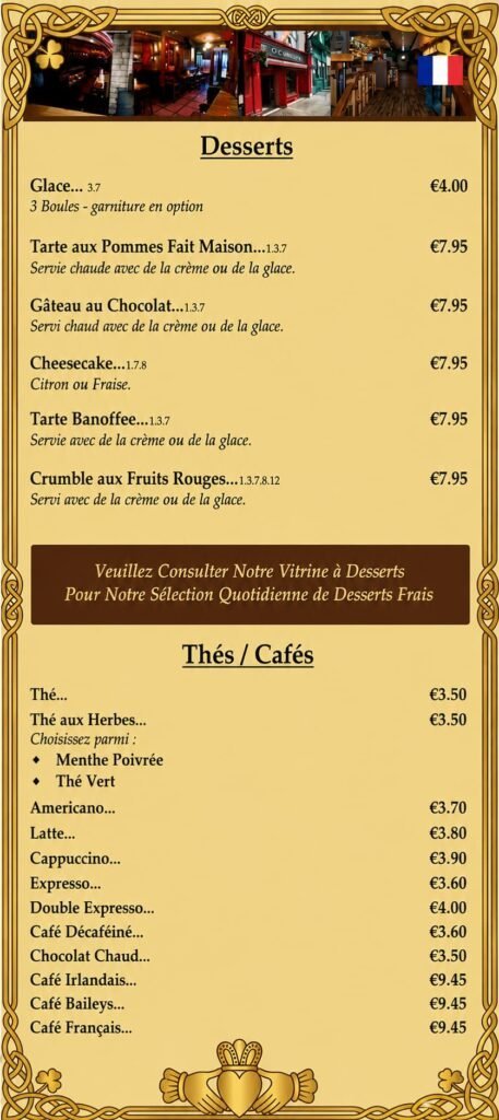 Desserts menu at O'Connell's Bar Dublin with various sweet options and prices.