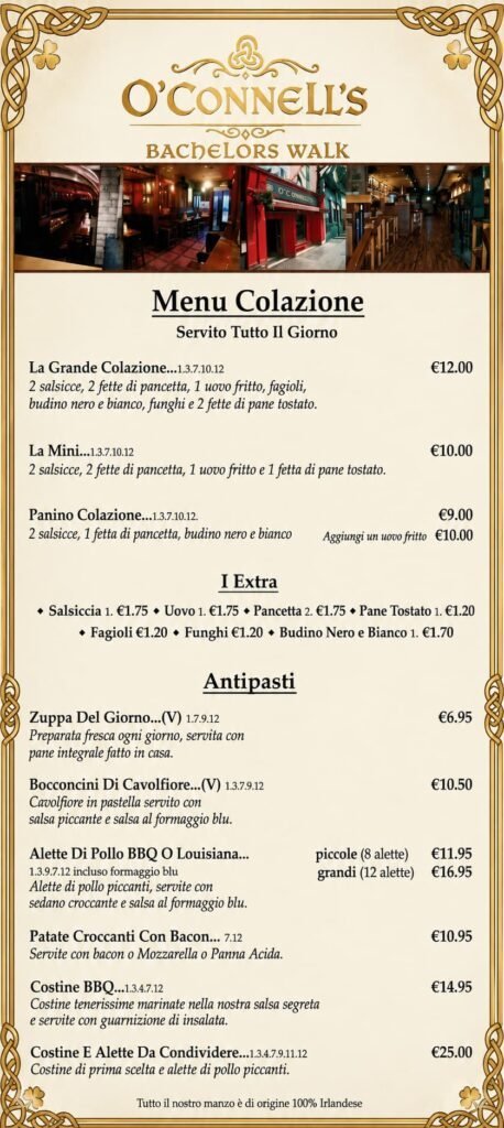 Interior view of O'Connell's Bar Dublin with menu items and prices.
