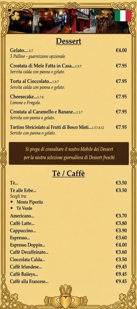 Interior view of O'Connell's Bar Dublin with dessert menu on display.