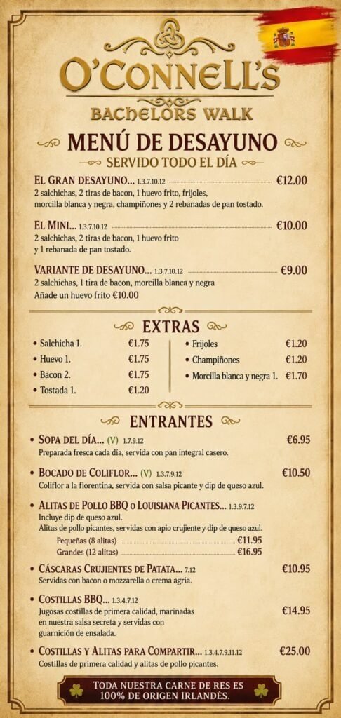 Breakfast menu at O'Connell's Bar Dublin with traditional Irish dishes and prices.