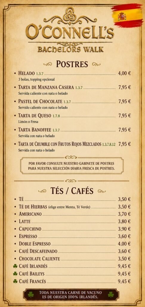 Image of O'Connell's Bar menu with desserts and drinks options.