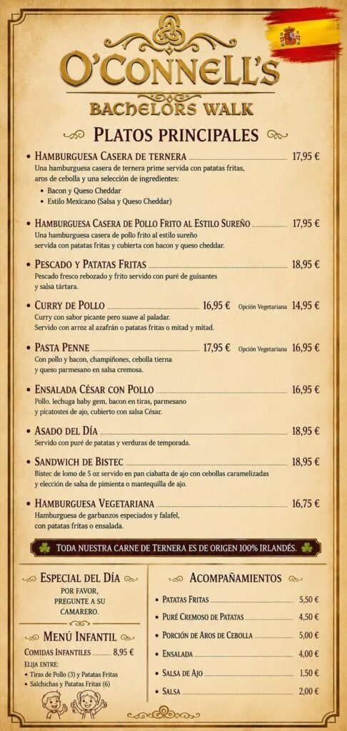 O'Connell's Bar menu with main dishes and prices in Dublin.