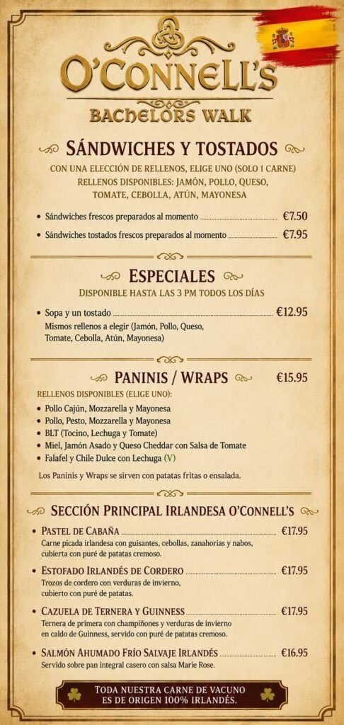 Irish bar menu with sandwiches, specials, and Irish dishes at O'Connell's Dublin.