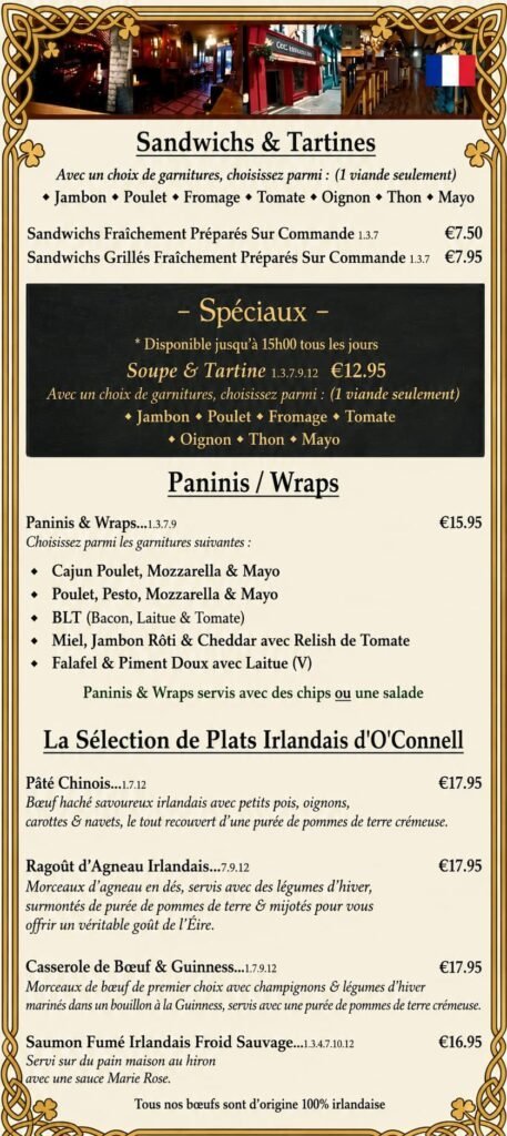 Irish pub sandwiches, tartines, and traditional Irish dishes at O'Connell's Bar Dublin.